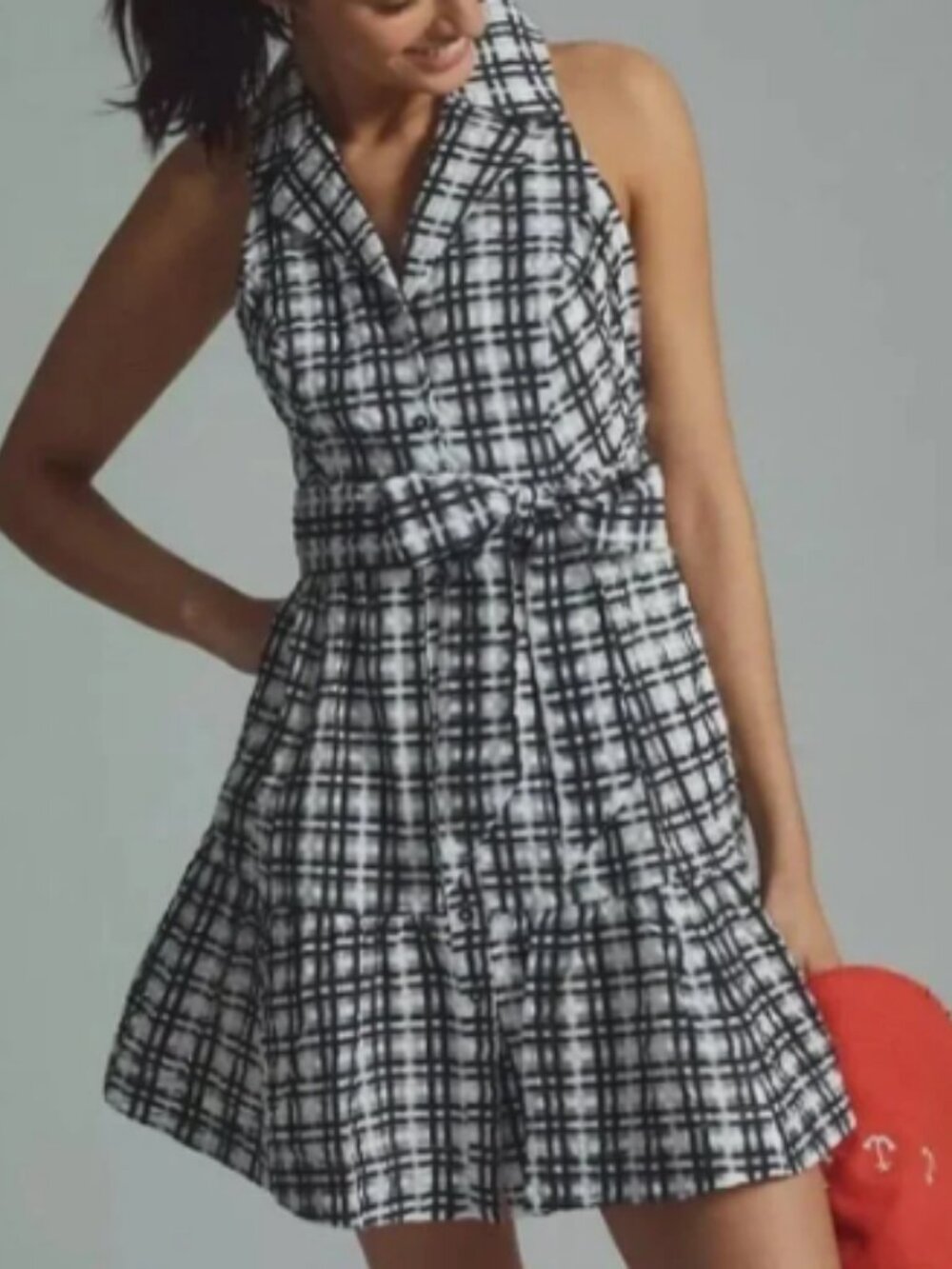 Anthropologie Maeve Black & White Plaid Sleeveless Tie Waist Dress Size4